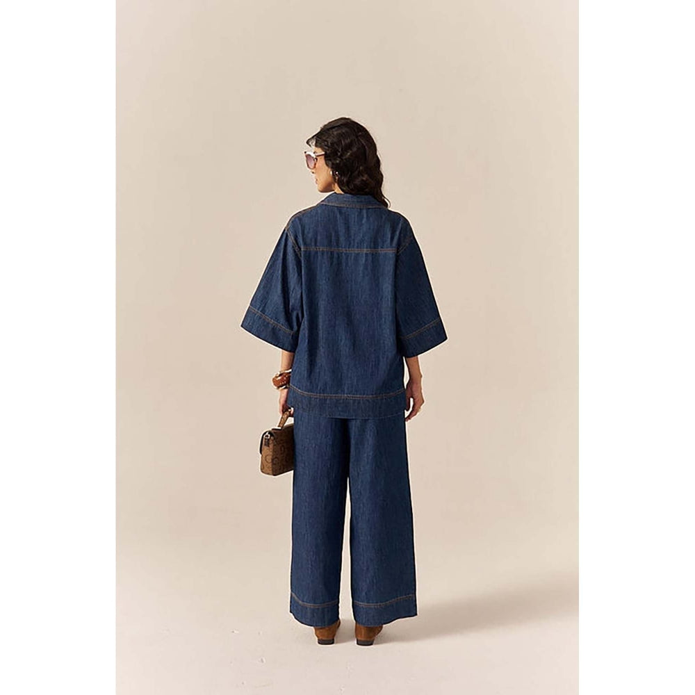 SPACE Collared Cotton Slub Blue Denim Shirt With Flared Pant