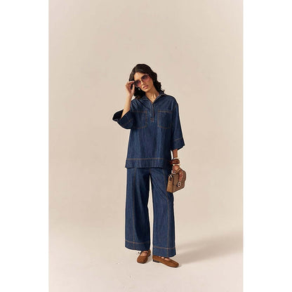 SPACE Collared Cotton Slub Blue Denim Shirt With Flared Pant
