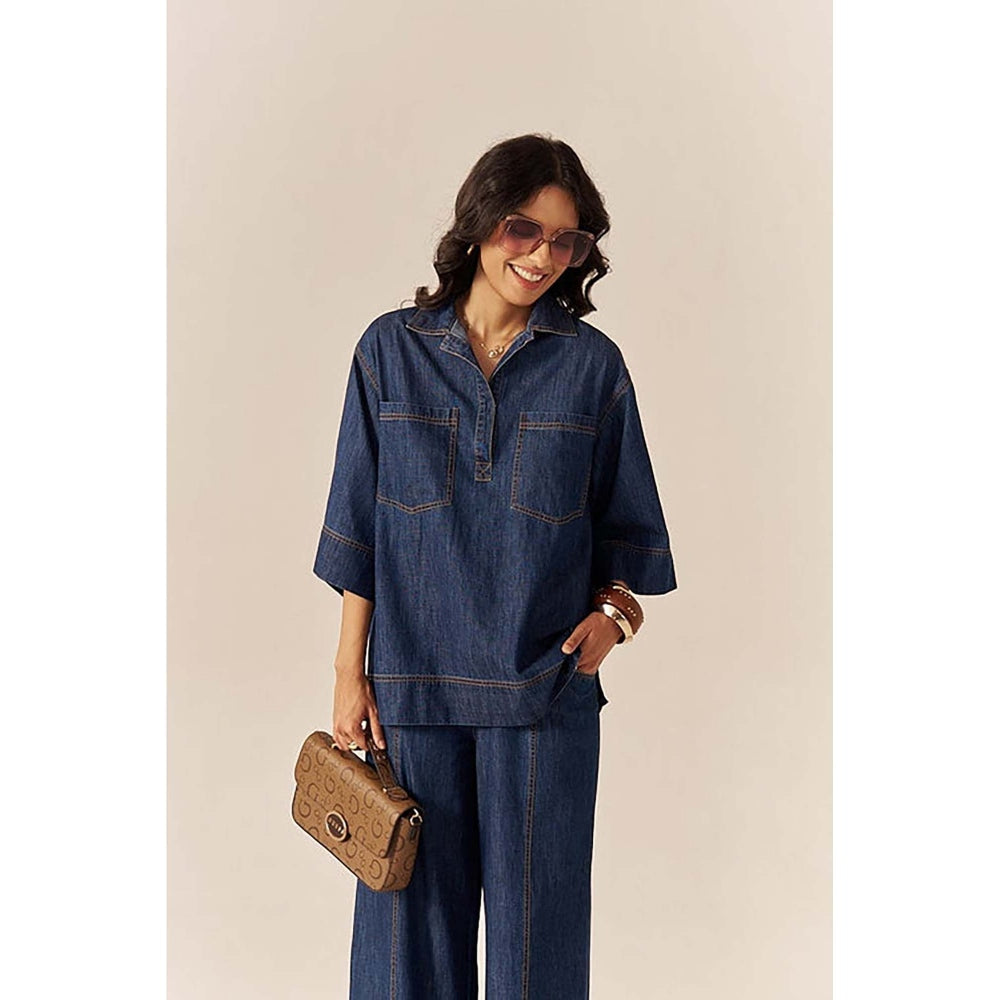 SPACE Collared Cotton Slub Blue Denim Shirt With Flared Pant