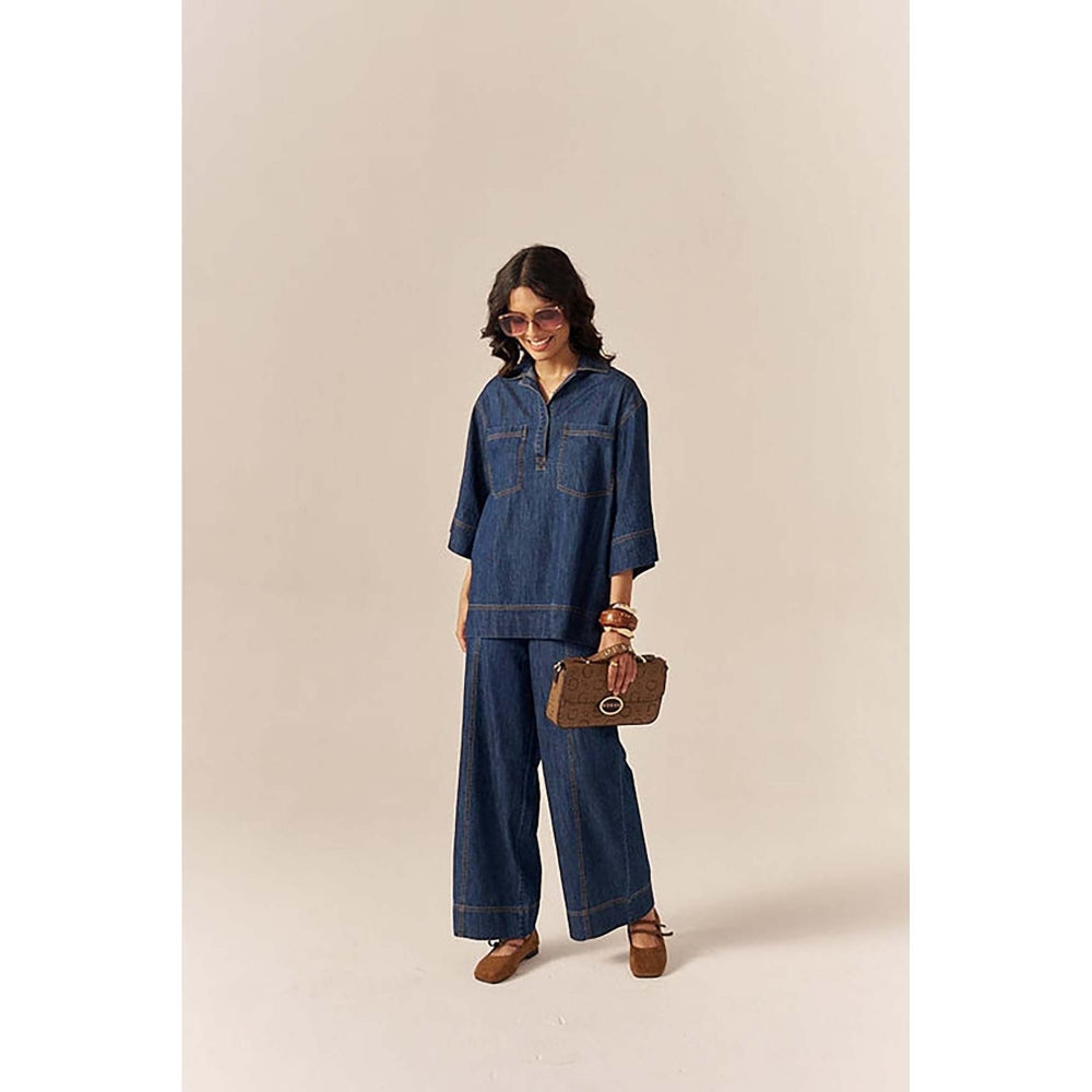 SPACE Collared Cotton Slub Blue Denim Shirt With Flared Pant