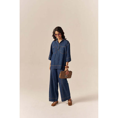 SPACE Collared Cotton Slub Blue Denim Shirt With Flared Pant
