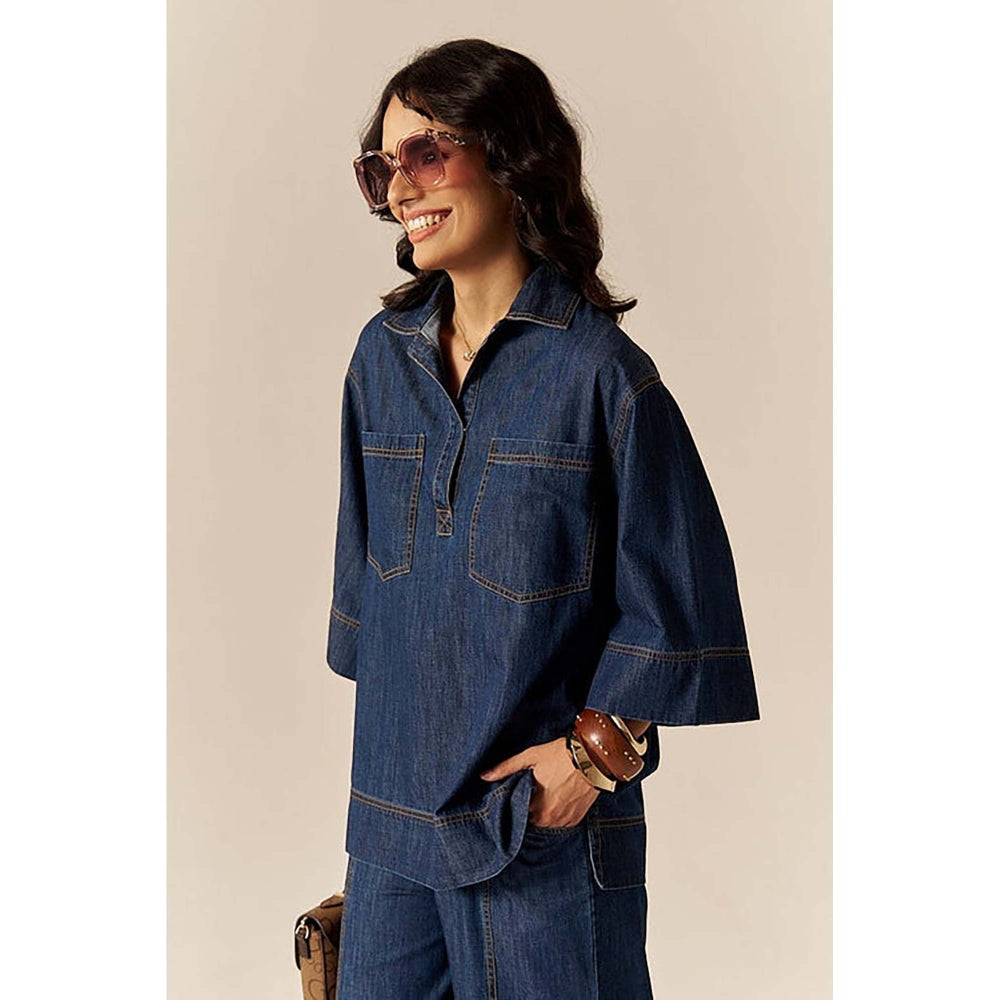 SPACE Collared Cotton Slub Blue Denim Shirt With Flared Pant