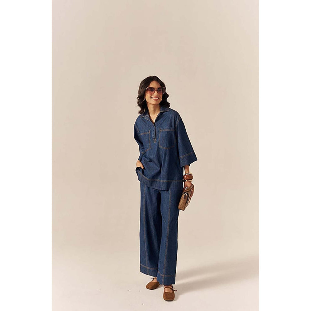 SPACE Collared Cotton Slub Blue Denim Shirt With Flared Pant