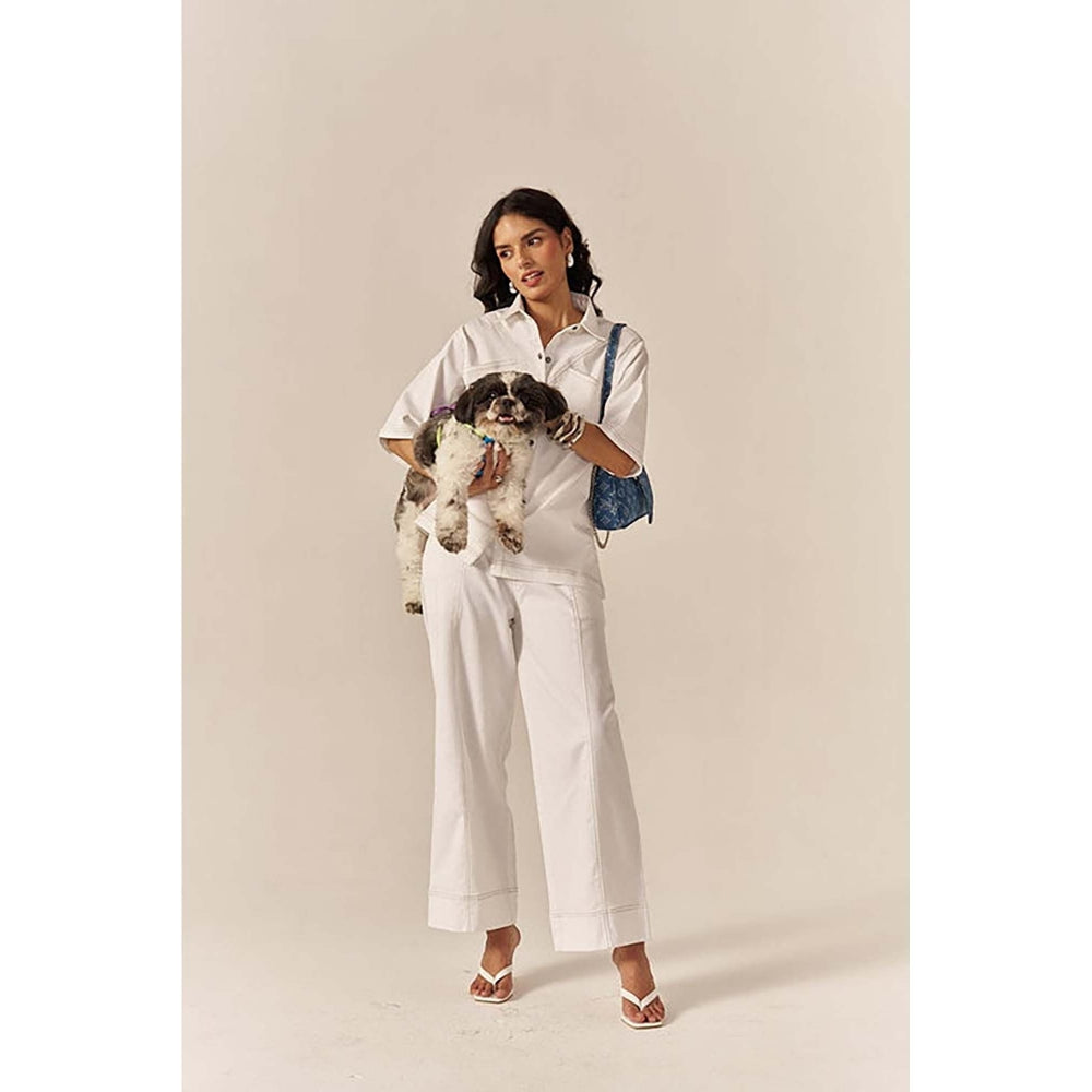 SPACE White Pocketed Cotton Denim Shirt With Flared Pant