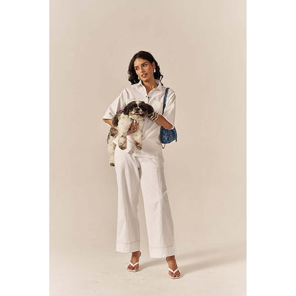 SPACE White Pocketed Cotton Denim Shirt With Flared Pant