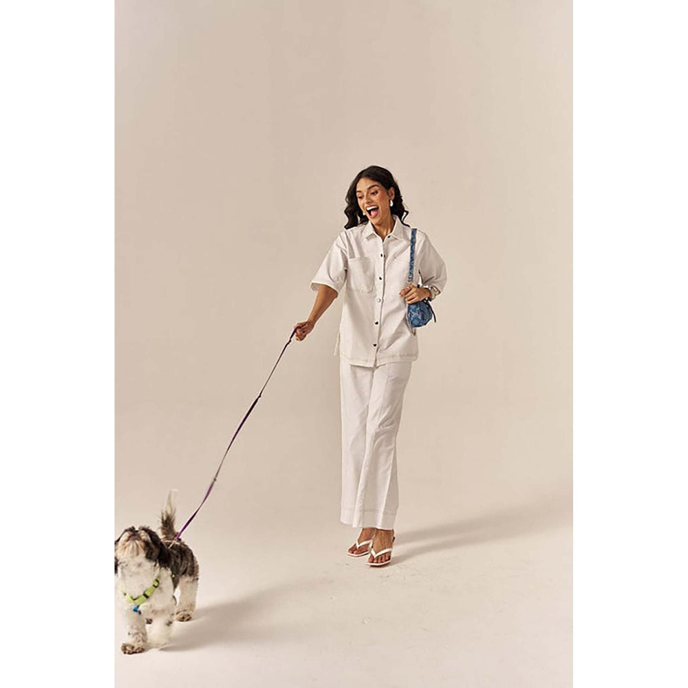 SPACE White Pocketed Cotton Denim Shirt With Flared Pant