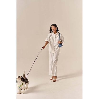SPACE White Pocketed Cotton Denim Shirt With Flared Pant