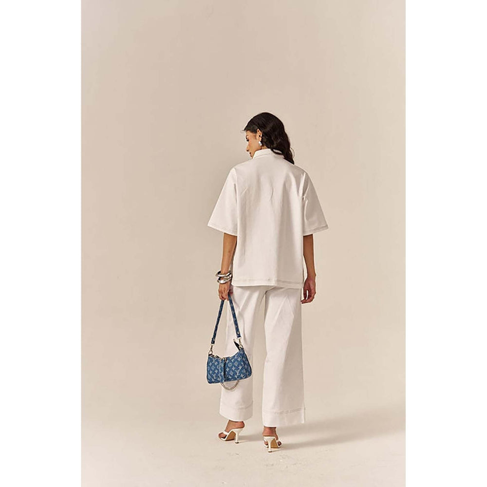 SPACE White Pocketed Cotton Denim Shirt With Flared Pant