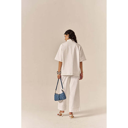 SPACE White Pocketed Cotton Denim Shirt With Flared Pant