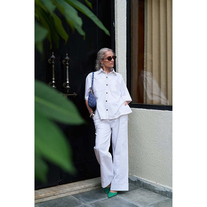 SPACE White Pocketed Cotton Denim Shirt With Flared Pant