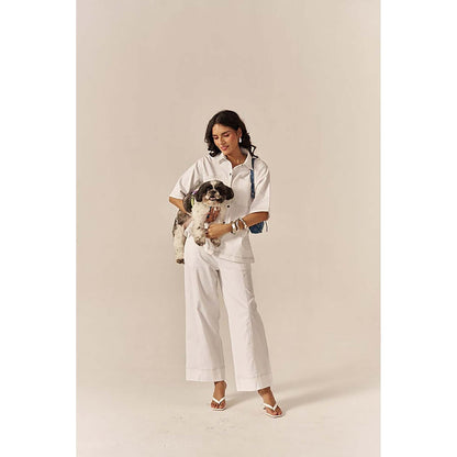 SPACE White Pocketed Cotton Denim Shirt With Flared Pant