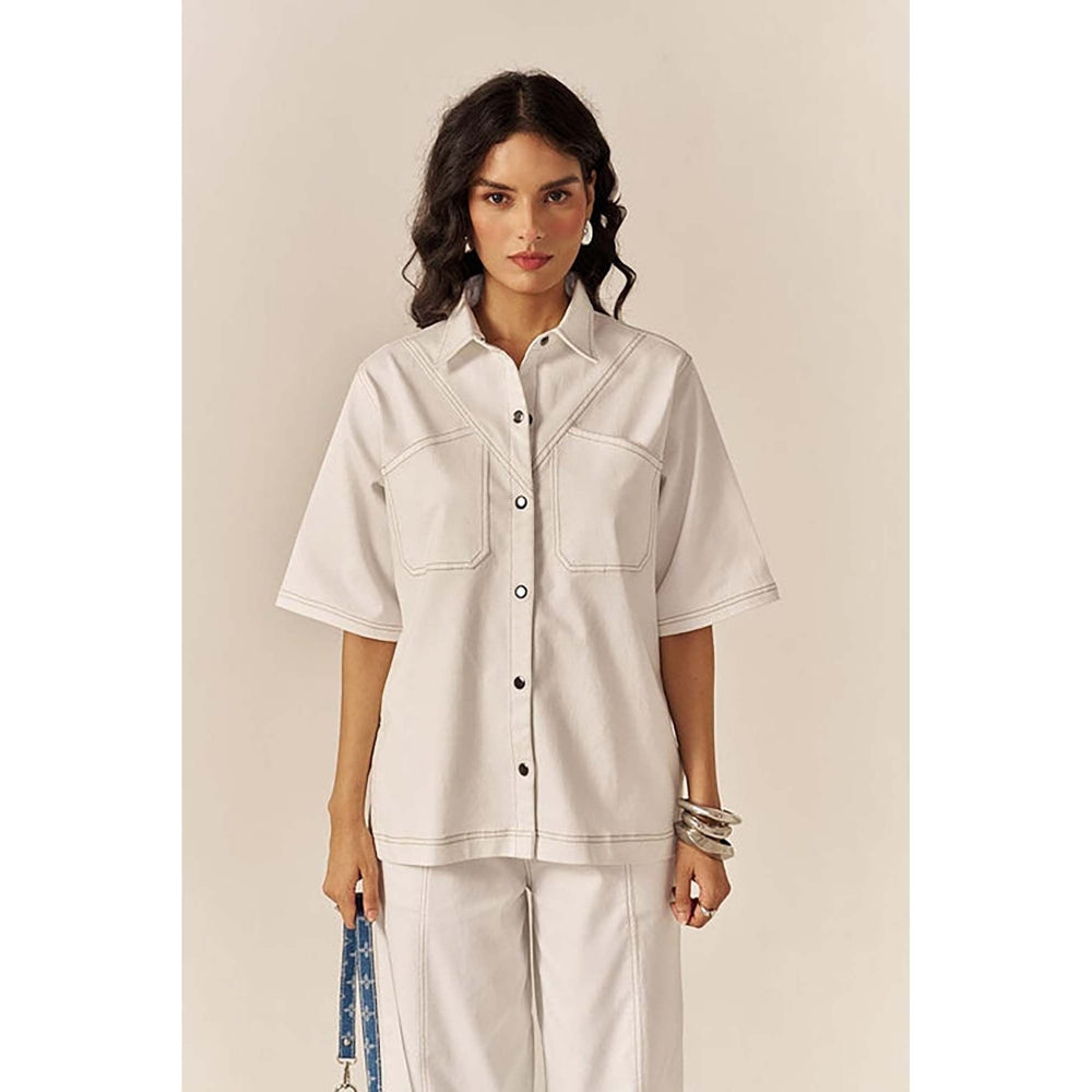 SPACE White Pocketed Cotton Denim Shirt With Flared Pant