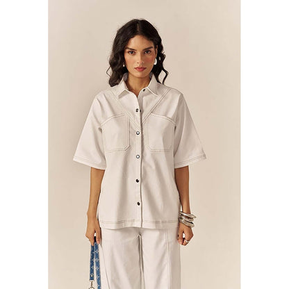 SPACE White Pocketed Cotton Denim Shirt With Flared Pant