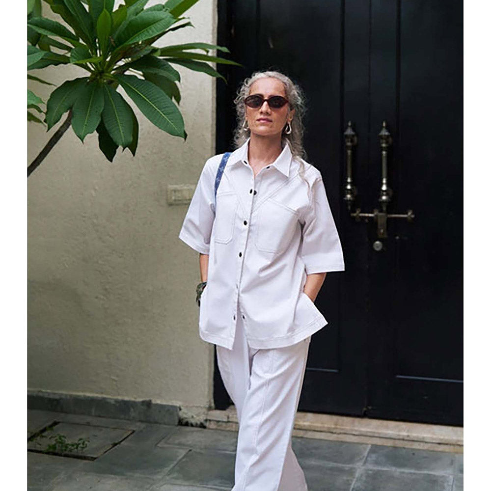 SPACE White Pocketed Cotton Denim Shirt With Flared Pant