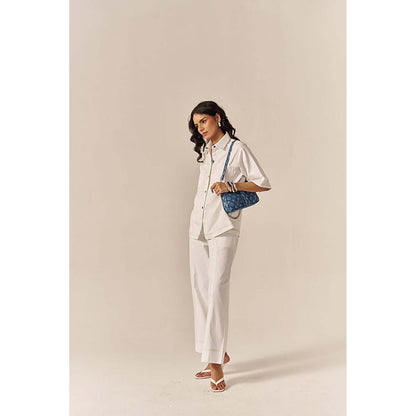 SPACE White Pocketed Cotton Denim Shirt With Flared Pant