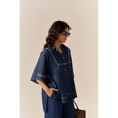 SPACE Bora Bora Blue Kaftan Style Relaxed Collared Denim Shirt With Flared Pant