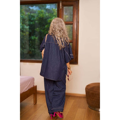 SPACE Bora Bora Blue Kaftan Style Relaxed Collared Denim Shirt With Flared Pant