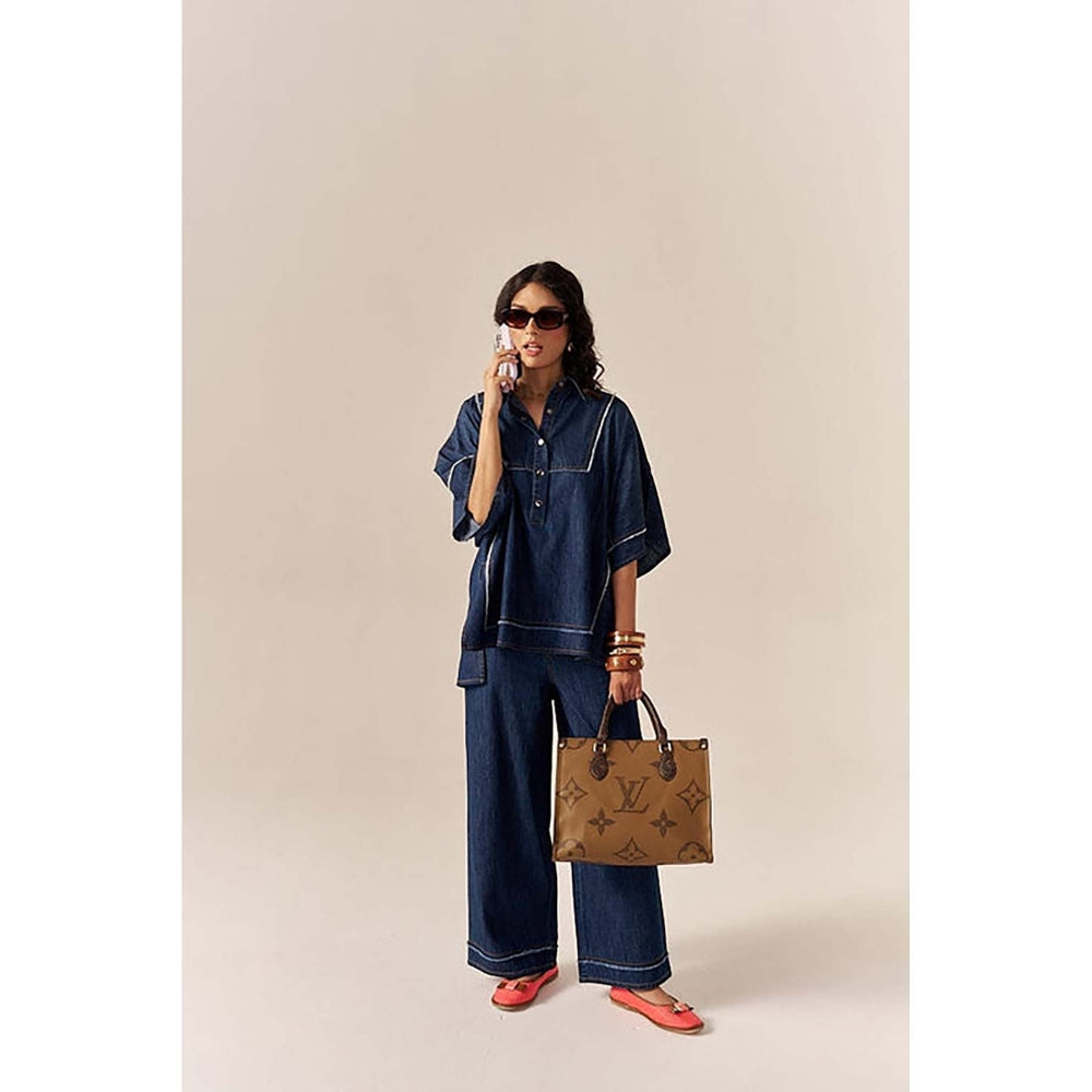 SPACE Bora Bora Blue Kaftan Style Relaxed Collared Denim Shirt With Flared Pant