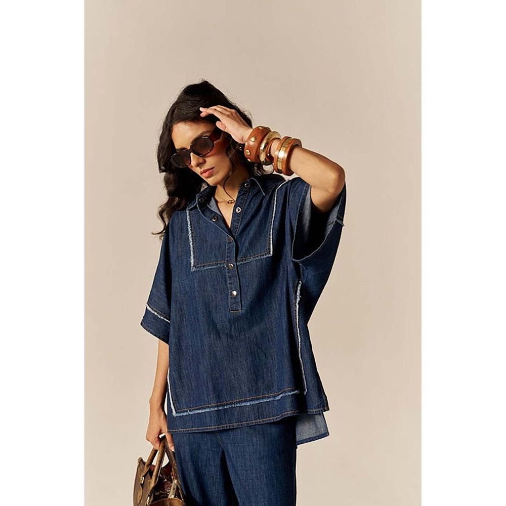 SPACE Bora Bora Blue Kaftan Style Relaxed Collared Denim Shirt With Flared Pant