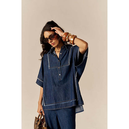 SPACE Bora Bora Blue Kaftan Style Relaxed Collared Denim Shirt With Flared Pant