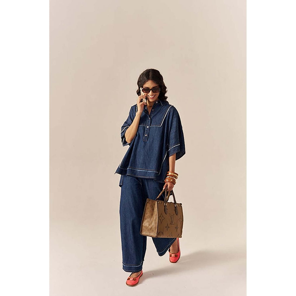 SPACE Bora Bora Blue Kaftan Style Relaxed Collared Denim Shirt With Flared Pant