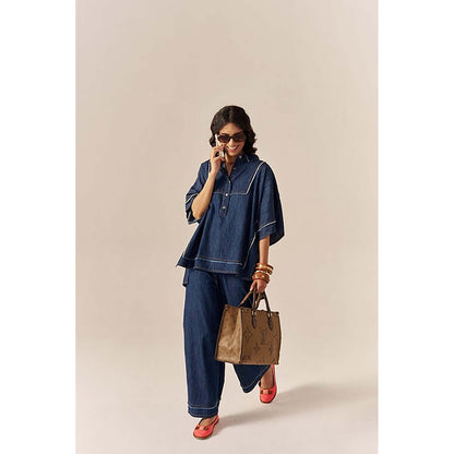 SPACE Bora Bora Blue Kaftan Style Relaxed Collared Denim Shirt With Flared Pant
