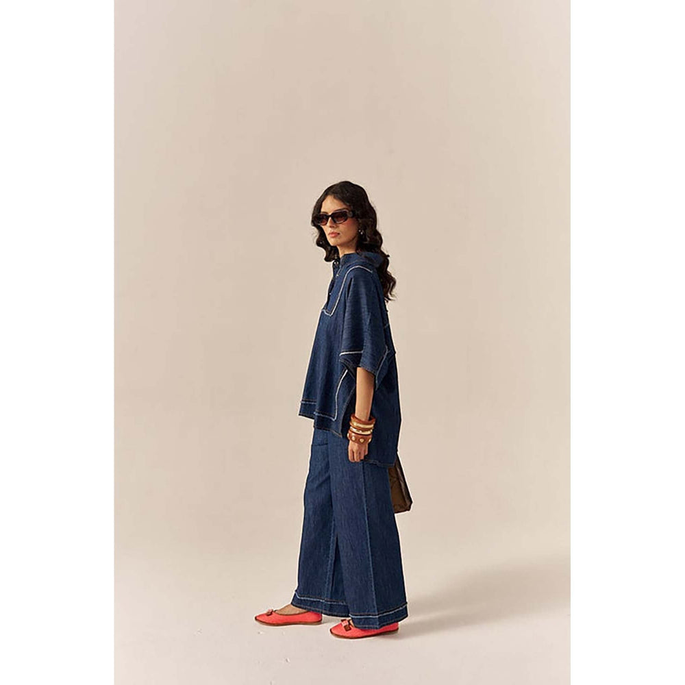 SPACE Bora Bora Blue Kaftan Style Relaxed Collared Denim Shirt With Flared Pant