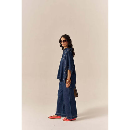 SPACE Bora Bora Blue Kaftan Style Relaxed Collared Denim Shirt With Flared Pant