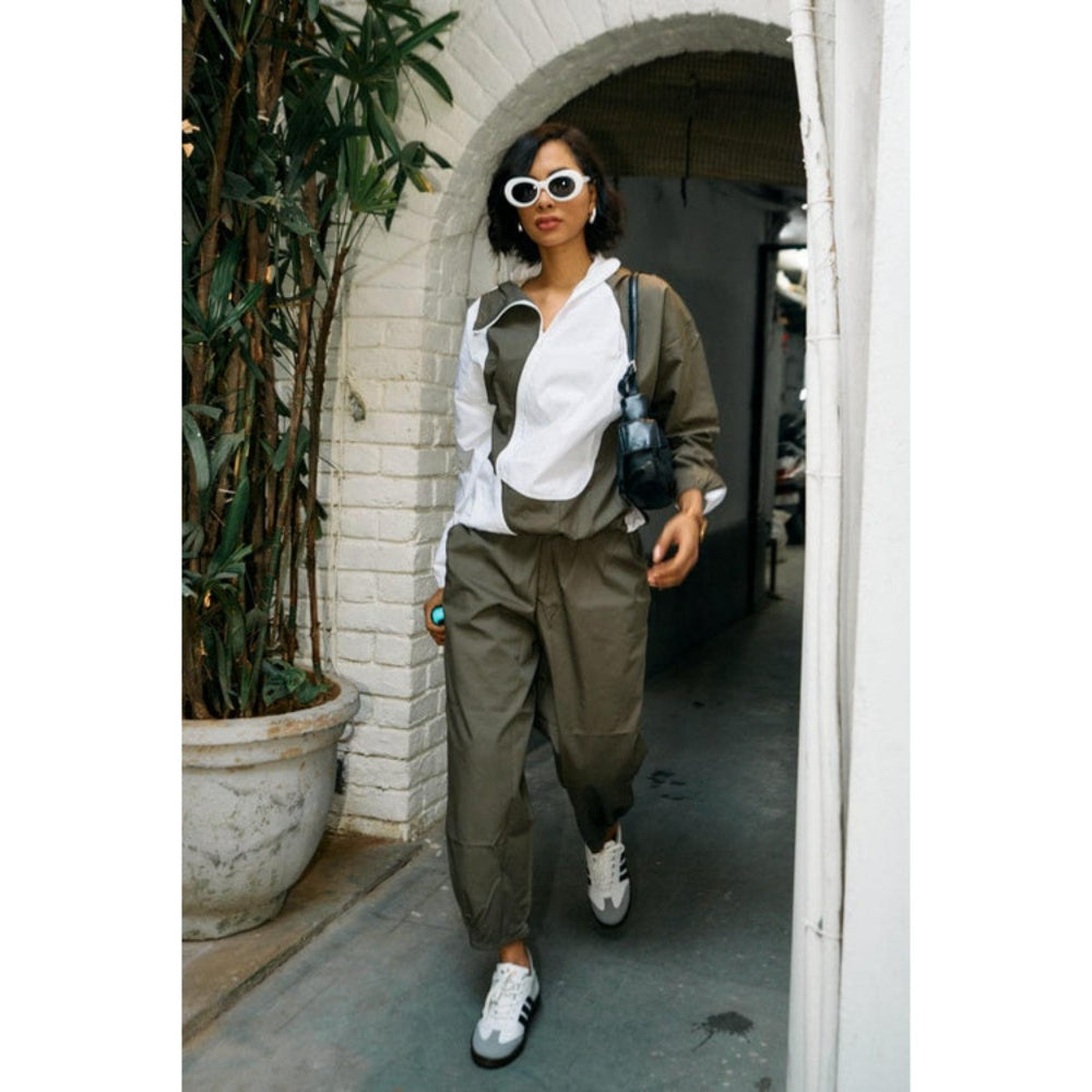 SPACE Olive Psi Colour Blocked Wind Sholder Shirt and Pant Set