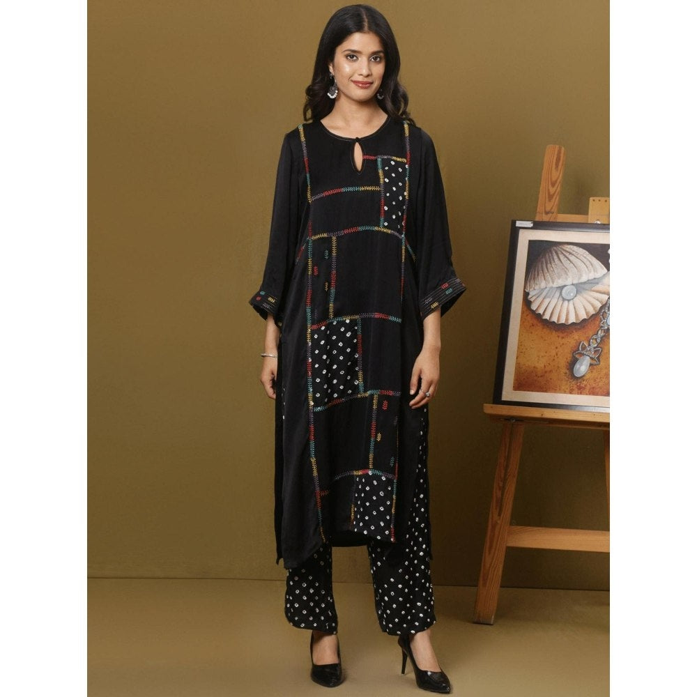 Spring Soul Black Cotton Modal Bandhani Patchwork Kurta