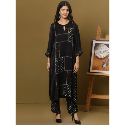 Spring Soul Black Cotton Modal Bandhani Patchwork Kurta