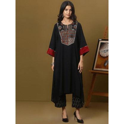 Spring Soul Black Cotton Modal Ajrakh Yoke Detailing Kurta