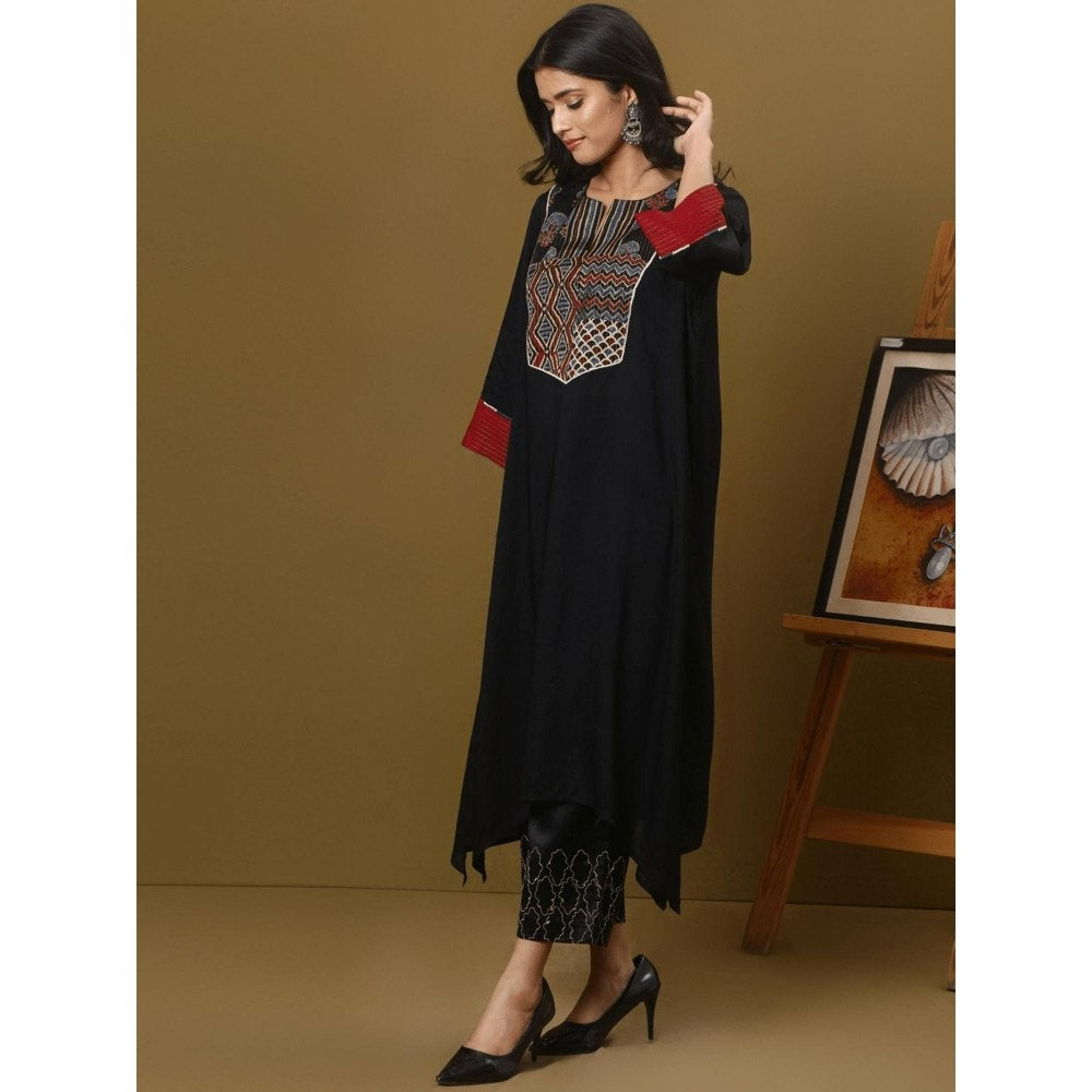 Spring Soul Black Cotton Modal Ajrakh Yoke Detailing Kurta