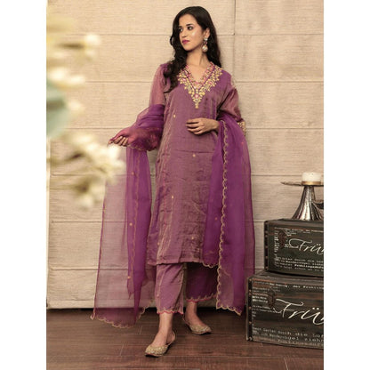 Spring Soul Embroidered Purple Metallic Chanderi Kurta with Pant and Dupatta (Set of 3)