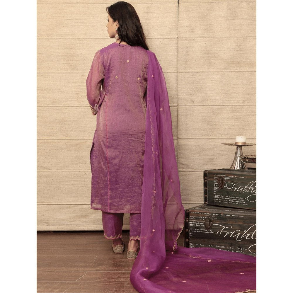 Spring Soul Embroidered Purple Metallic Chanderi Kurta with Pant and Dupatta (Set of 3)