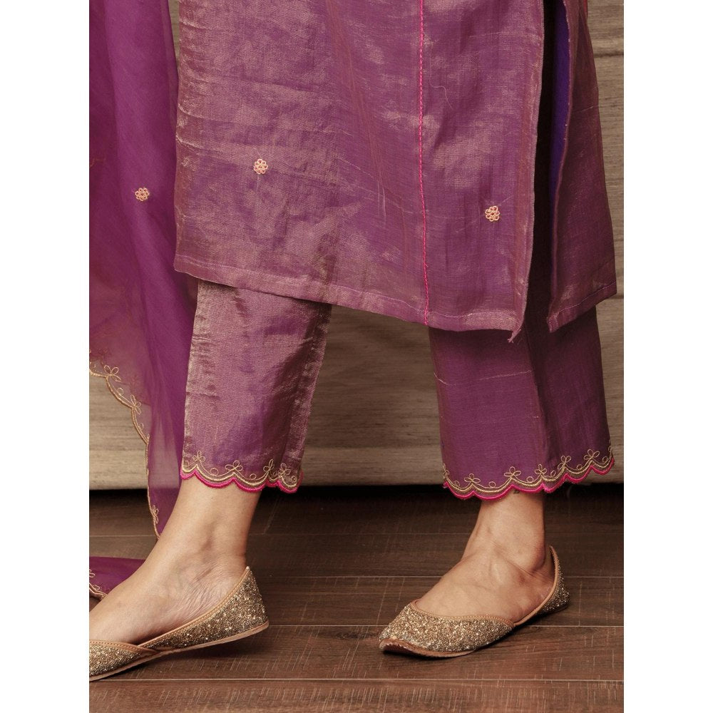 Spring Soul Embroidered Purple Metallic Chanderi Kurta with Pant and Dupatta (Set of 3)