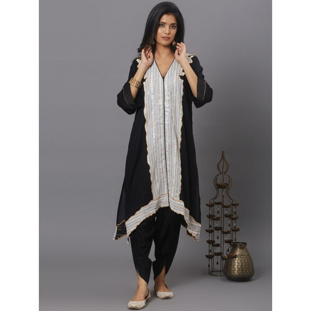 Spring Soul Black Embroidered Asymmetric Kurta and Dhoti (Set of 2)