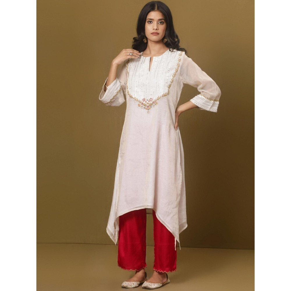 Spring Soul Off-White Embroidered Asymmetric Kurta and Pant (Set of 2)