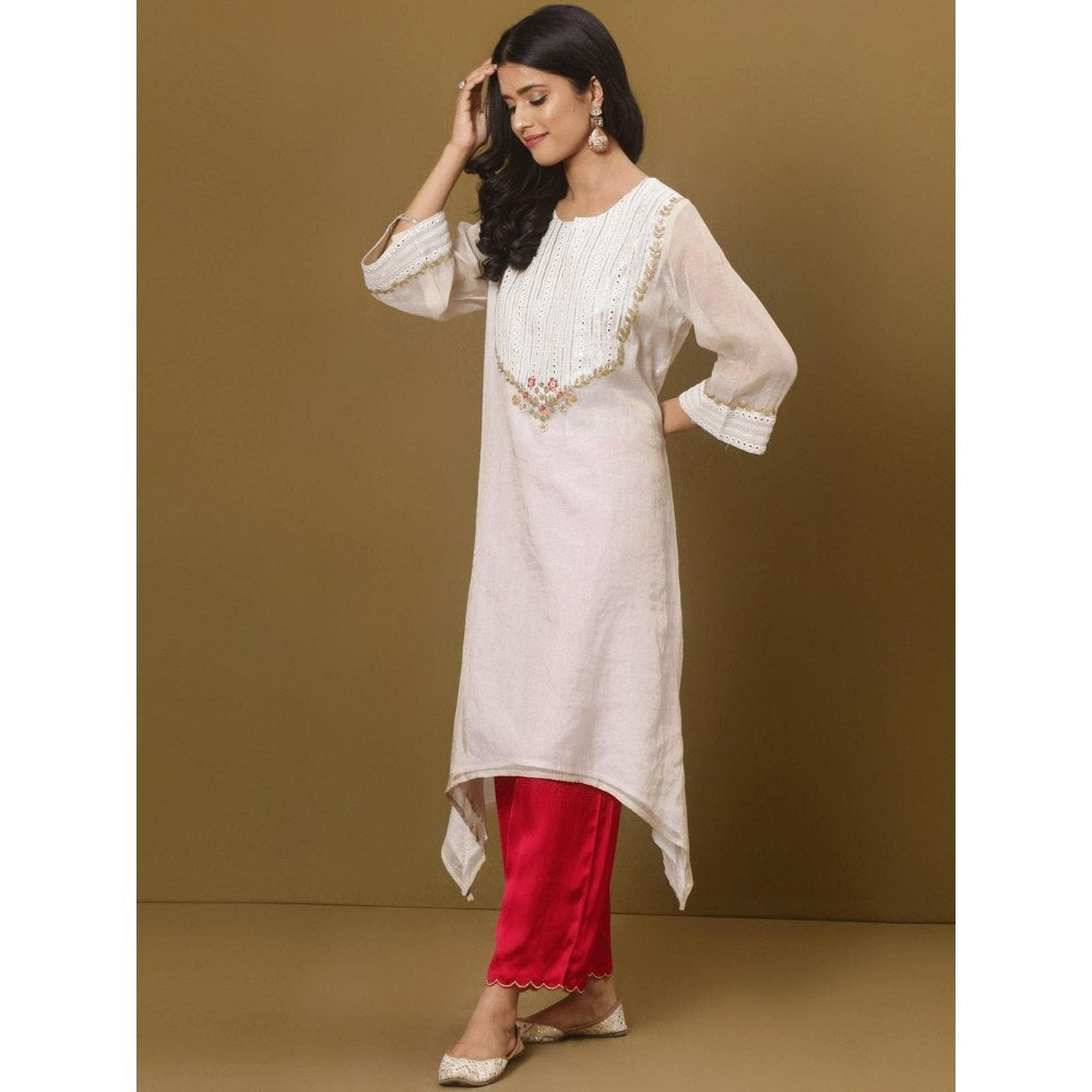 Spring Soul Off-White Embroidered Asymmetric Kurta and Pant (Set of 2)