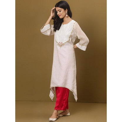 Spring Soul Off-White Embroidered Asymmetric Kurta and Pant (Set of 2)