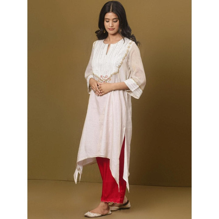 Spring Soul Off-White Embroidered Asymmetric Kurta and Pant (Set of 2)