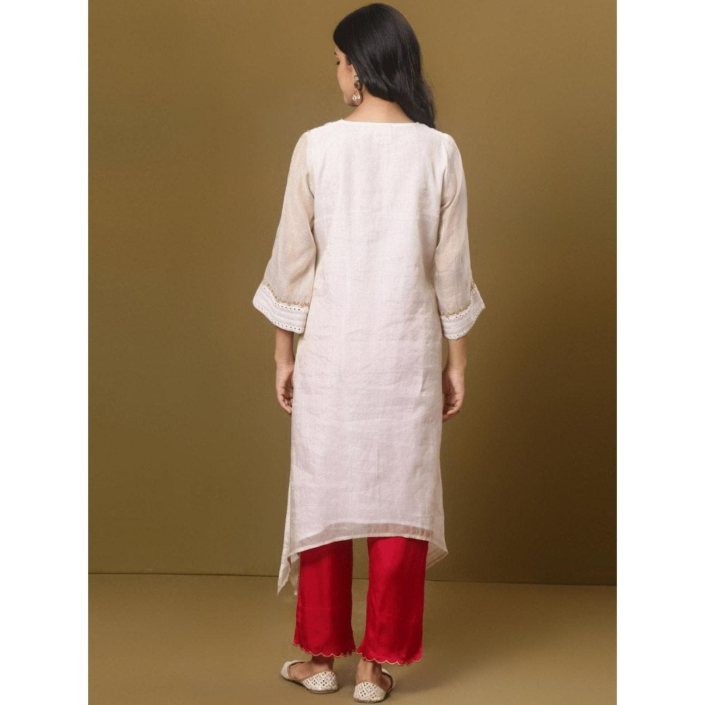 Spring Soul Off-White Embroidered Asymmetric Kurta and Pant (Set of 2)