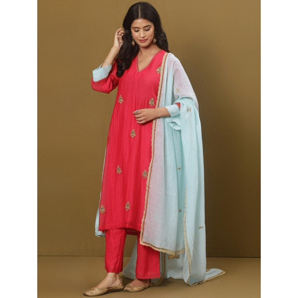 Spring Soul Fuchsia Pink Chanderi A-Line Kurta and Pant with Dupatta (Set of 3)