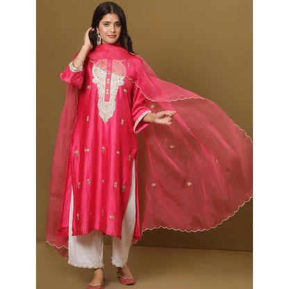 Spring Soul Fuchsia Pink Chanderi Kurta and Pant with Dupatta (Set of 3)
