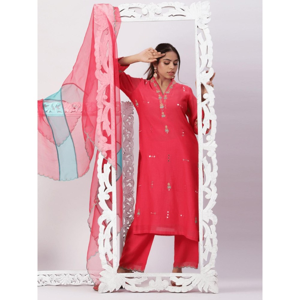 Spring Soul Chanderi Embroidered Kurta and Pant with Organza Dupatta (Set of 3)