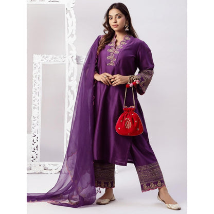 Spring Soul Chanderi Embroidered Kurta and Pant with Organza Dupatta (Set of 3)
