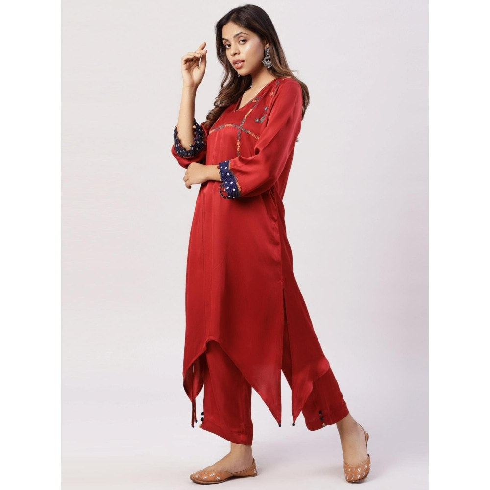 Spring Soul Plain Embroidered Modal Silk Kurta with Pant (Set of 2)