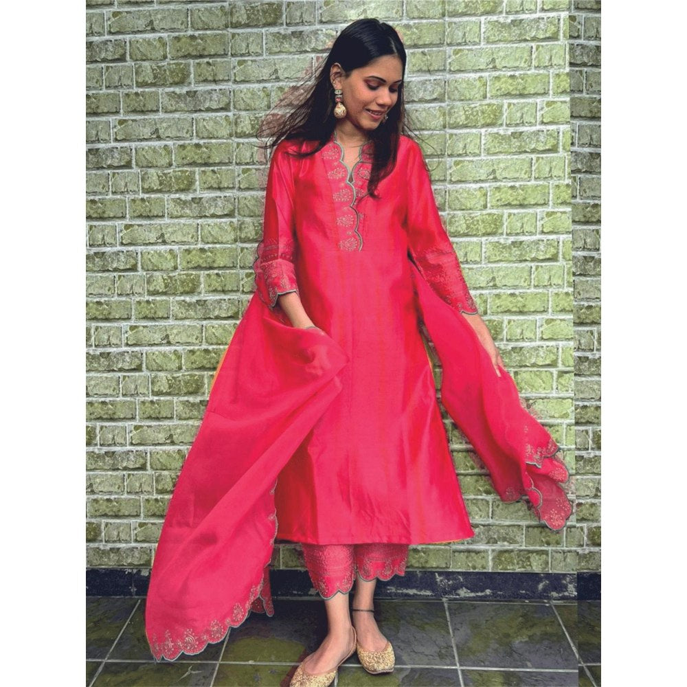 Spring Soul Chanderi Embroidered Kurta with Pant and Organza Dupatta (Set of 3)