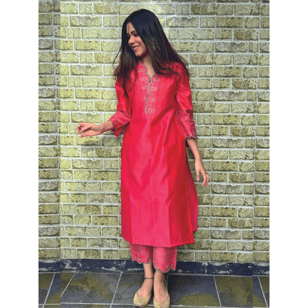 Spring Soul Chanderi Embroidered Kurta with Pant and Organza Dupatta (Set of 3)