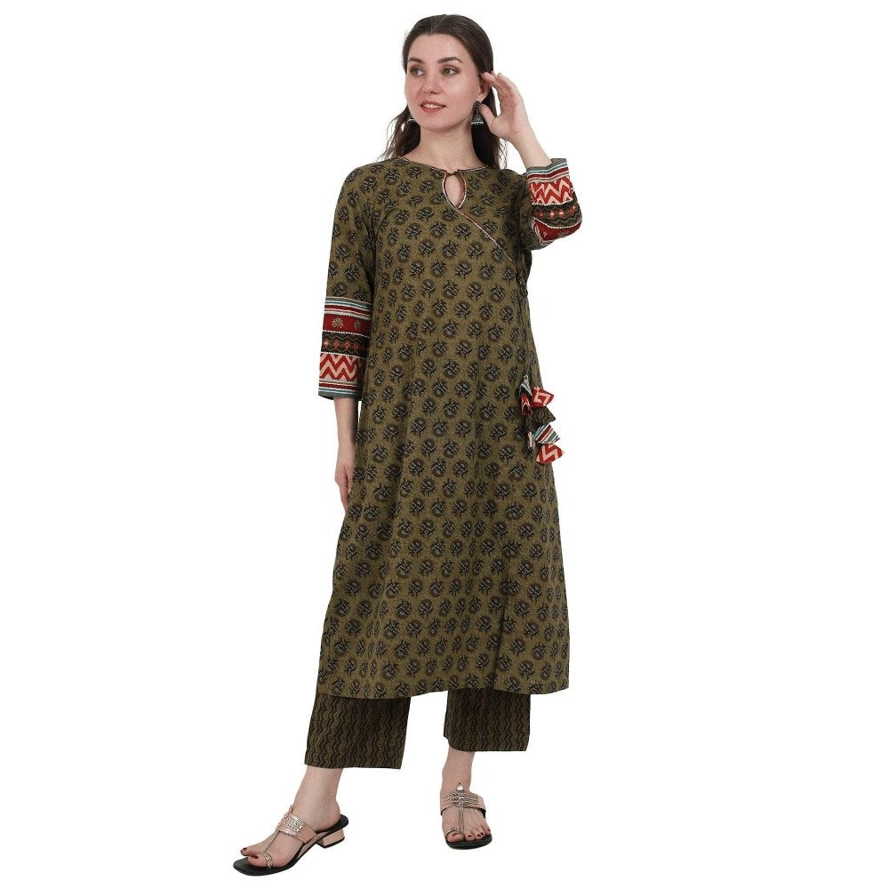 Spring Soul Olive Green Block Printed Angarkha Kurta with Pant (Set of 2)